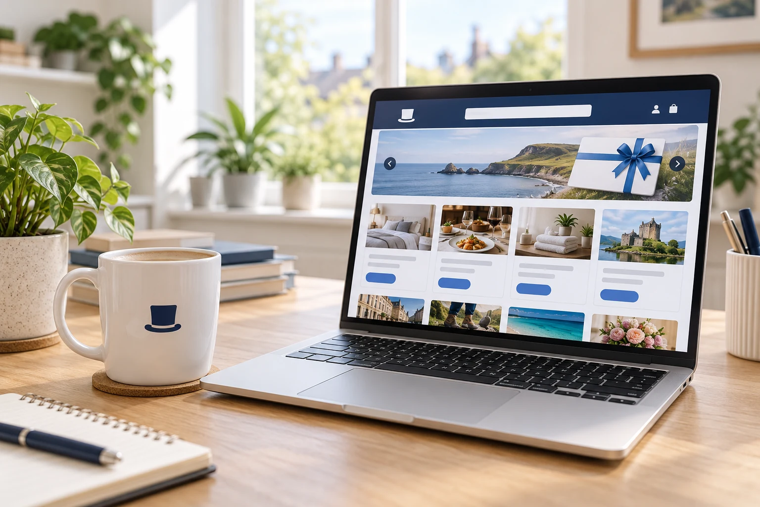 A laptop and coffee on a bright, welcoming desk