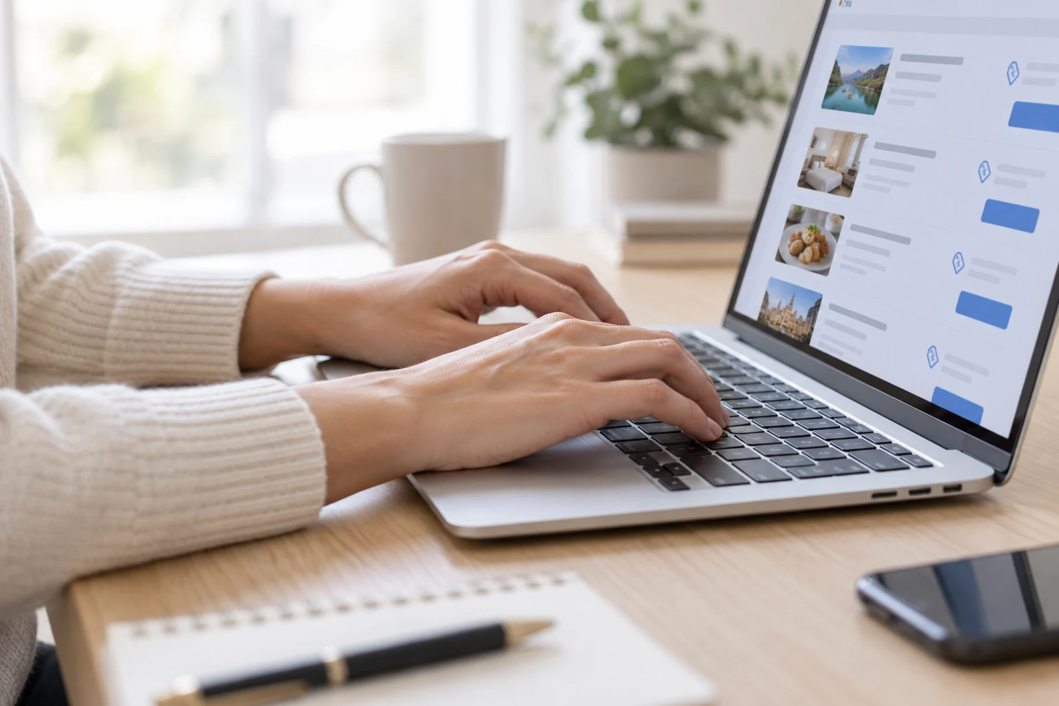 Hands using a laptop to review offer details