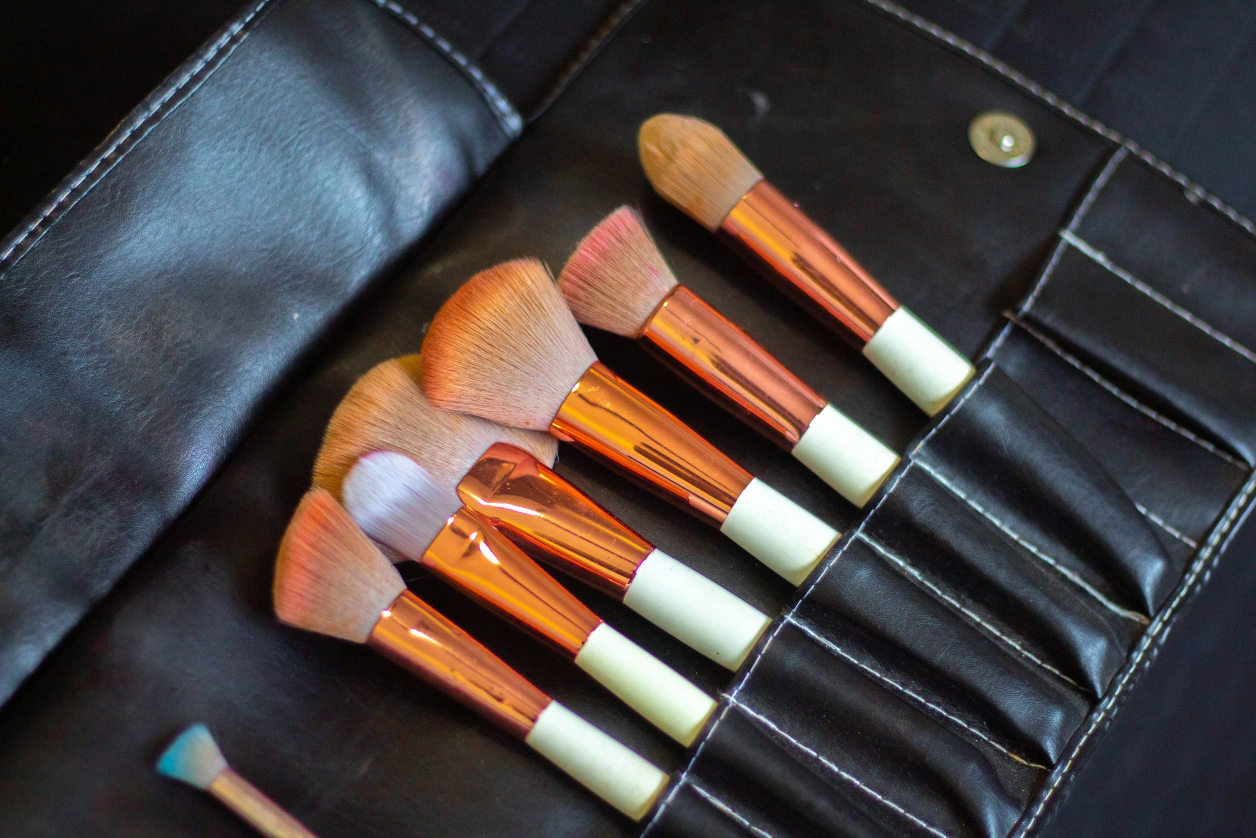 Makeup brushes with different head shapes arranged in a black storage case